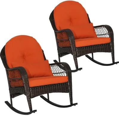 Patio Rattan Rocking Chair with Seat Back Cushions and Waist Pillow