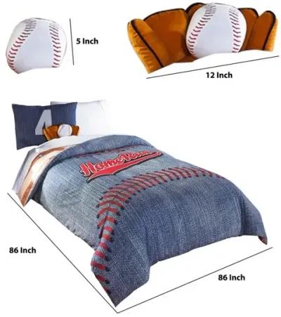 6 Piece Polyester Full Comforter Set with Baseball Inspired Print, Blue - Benzara