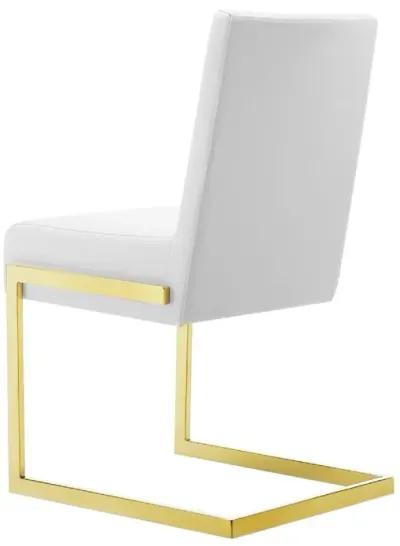 19 Inch Dining Chair, Set of 2, White Vegan Leather, Gold Cantilever Base-Benzara