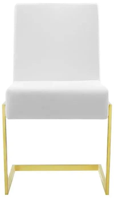 19 Inch Dining Chair, Set of 2, White Vegan Leather, Gold Cantilever Base-Benzara