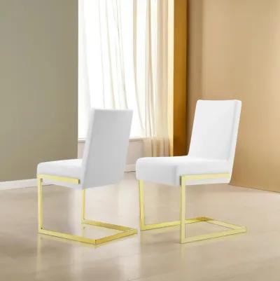 19 Inch Dining Chair, Set of 2, White Vegan Leather, Gold Cantilever Base-Benzara