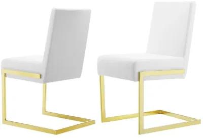 19 Inch Dining Chair, Set of 2, White Vegan Leather, Gold Cantilever Base-Benzara