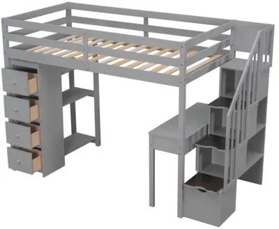 Twin Size Loft Bed With Storage Drawers, Desk And Stairs, Wooden Loft Bed With Shelves