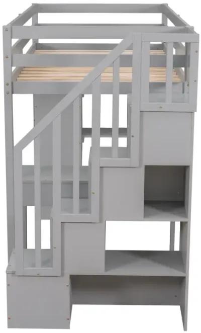 Twin Size Loft Bed With Storage Drawers, Desk And Stairs, Wooden Loft Bed With Shelves