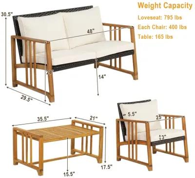 4 Pieces Patio Rattan Conversation Set with Seat and Back Cushions-Off White