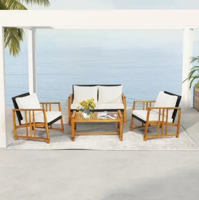 4 Pieces Patio Rattan Conversation Set with Seat and Back Cushions-Off White