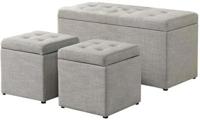 Uriel 3 Piece Storage Bench and 2 Nesting Ottomans, Tufted Light Gray Beige - Benzara