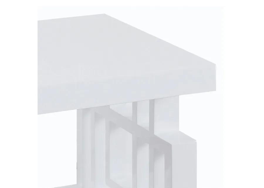 22 Inch Wood End Table, Geometric Frame, 1 Shelf, Glossy White-Benzara