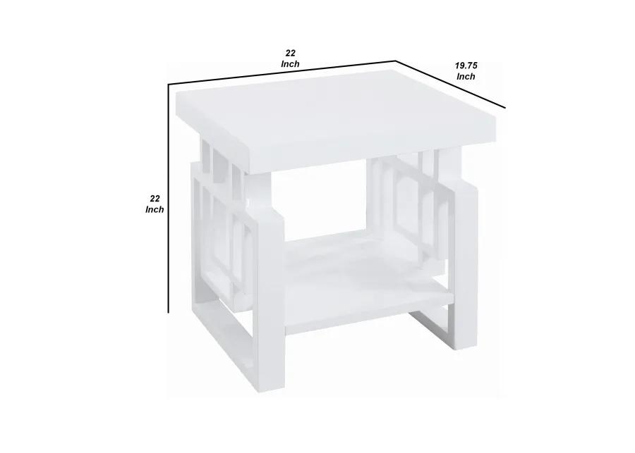 22 Inch Wood End Table, Geometric Frame, 1 Shelf, Glossy White-Benzara