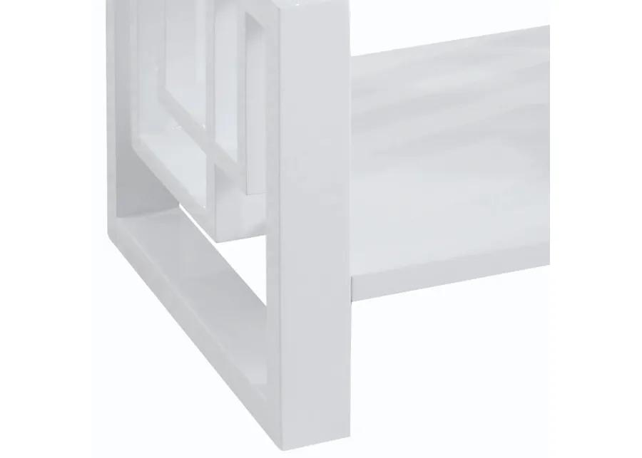 22 Inch Wood End Table, Geometric Frame, 1 Shelf, Glossy White-Benzara