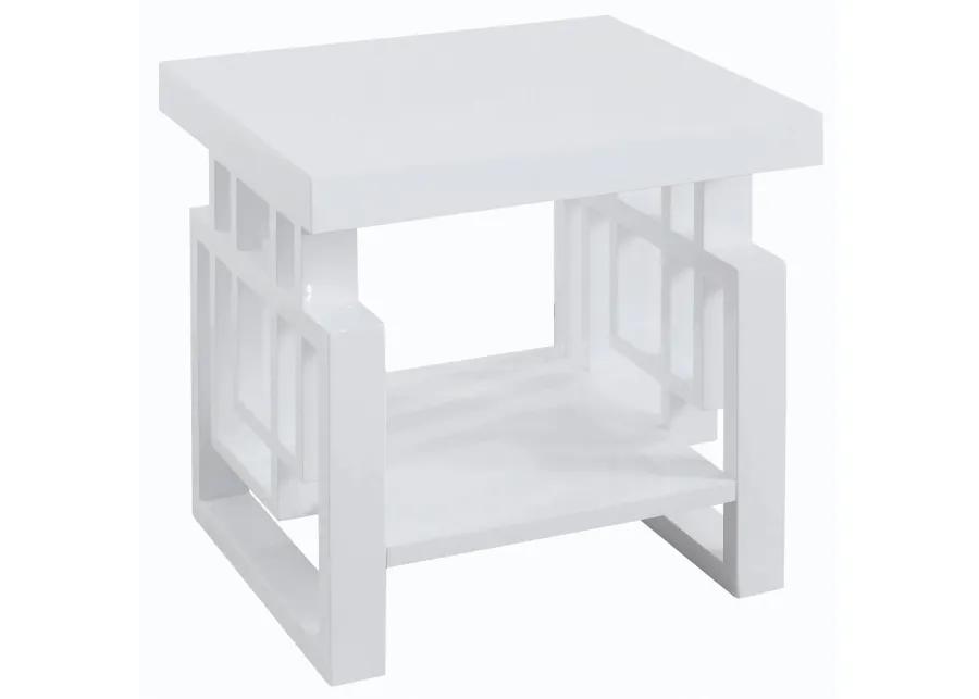 22 Inch Wood End Table, Geometric Frame, 1 Shelf, Glossy White-Benzara