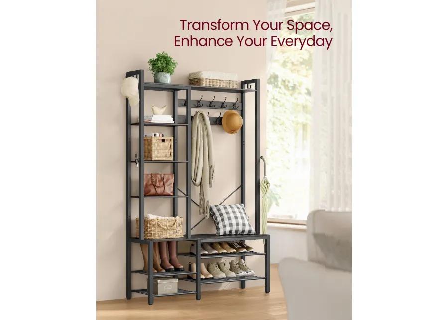 Hall Tree with Bench, Hooks, and Shelves for Entryway Storage and Organization