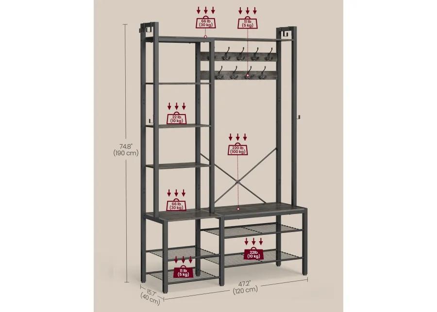 Hall Tree with Bench, Hooks, and Shelves for Entryway Storage and Organization