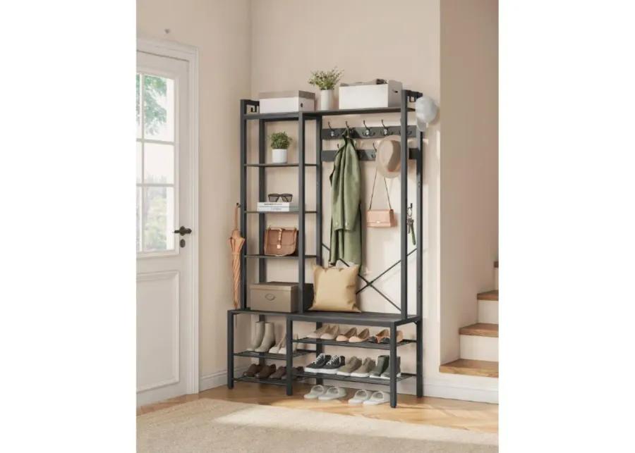 Hall Tree with Bench, Hooks, and Shelves for Entryway Storage and Organization