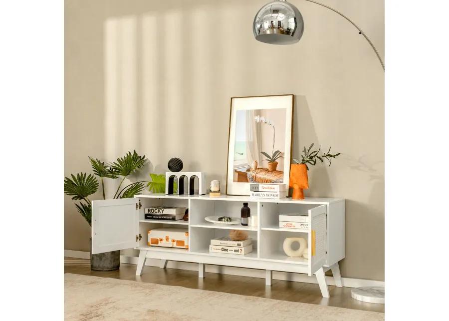 TV Stand Entertainment Media Console with 2 Rattan Cabinets and Open Shelves-White