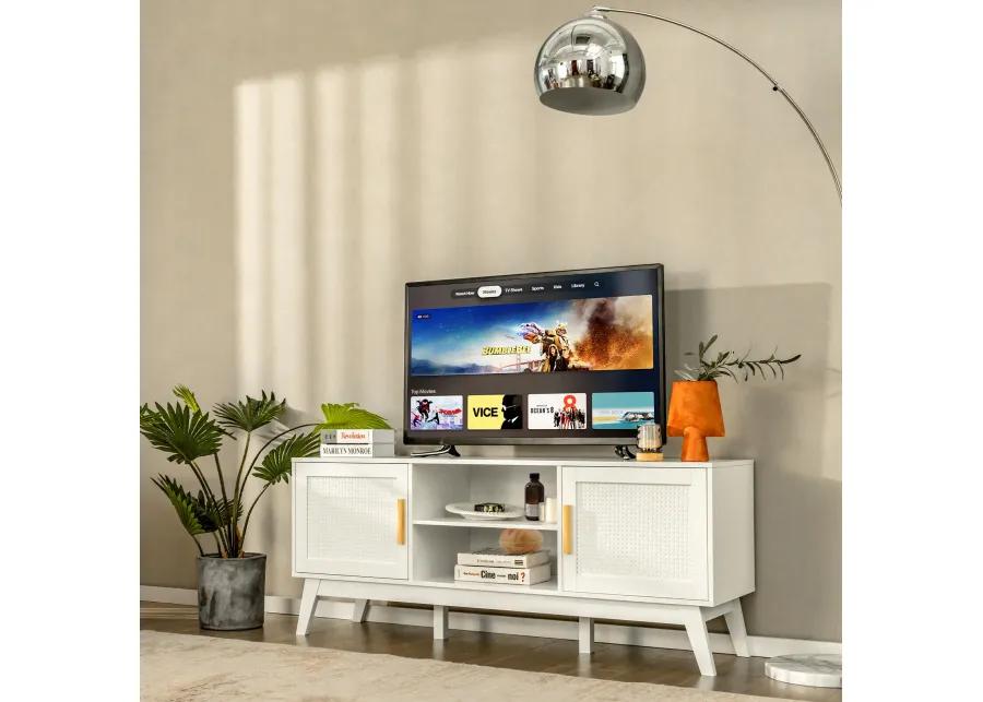 TV Stand Entertainment Media Console with 2 Rattan Cabinets and Open Shelves-White