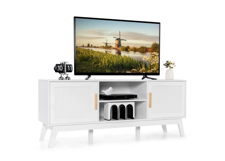 TV Stand Entertainment Media Console with 2 Rattan Cabinets and Open Shelves-White