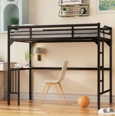 Twin Metal Loft Bed With Desk, Ladder And Guardrails, Bookdesk Under Bed