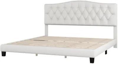 Upholstered Platform Bed With Saddle Curved Headboard And Diamond Tufted Details, King