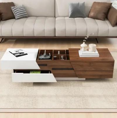 Modern Extendable Sliding Top Coffee Table With Storage In White & Walnut