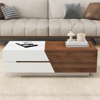 Modern Extendable Sliding Top Coffee Table With Storage In White & Walnut