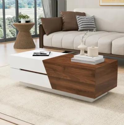 Modern Extendable Sliding Top Coffee Table With Storage In White & Walnut