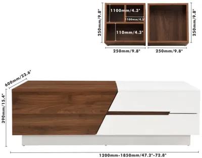 Modern Extendable Sliding Top Coffee Table With Storage In White & Walnut