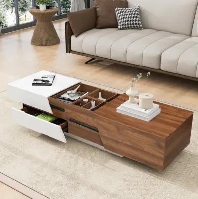 Modern Extendable Sliding Top Coffee Table With Storage In White & Walnut