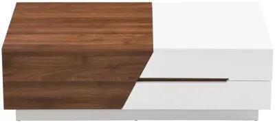 Modern Extendable Sliding Top Coffee Table With Storage In White & Walnut