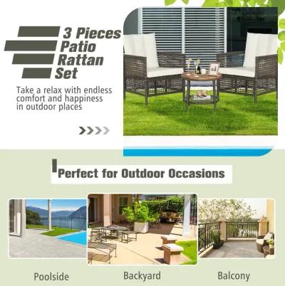 3 Pieces Patio Rattan Conversation Sets with Cushioned Sofas and Wood Table Top