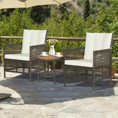 3 Pieces Patio Rattan Conversation Sets with Cushioned Sofas and Wood Table Top