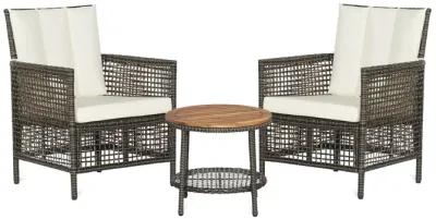 3 Pieces Patio Rattan Conversation Sets with Cushioned Sofas and Wood Table Top