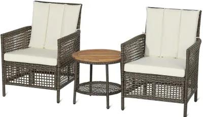 3 Pieces Patio Rattan Conversation Sets with Cushioned Sofas and Wood Table Top