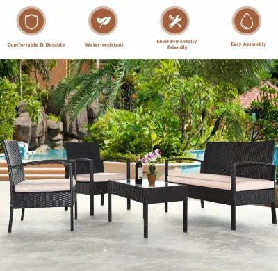 4 Pieces Patio Ratten Conversation Set with Loveseat Sofas and Coffee Table