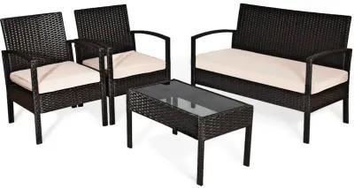 4 Pieces Patio Ratten Conversation Set with Loveseat Sofas and Coffee Table