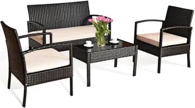 4 Pieces Patio Ratten Conversation Set with Loveseat Sofas and Coffee Table