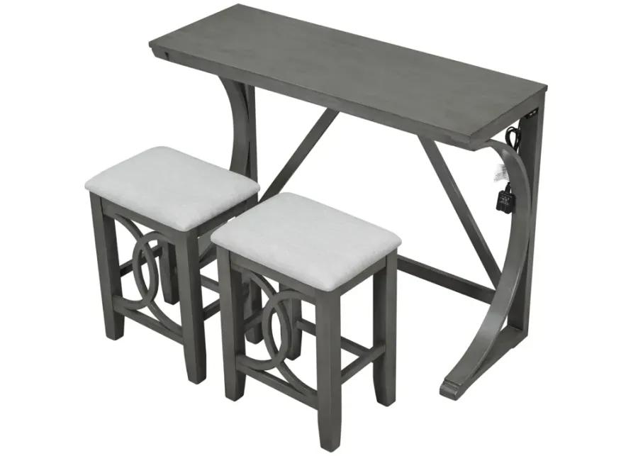 Farmhouse 3-Piece Counter Height Dining Table Set with USB Port and Upholstered Stools, Gray