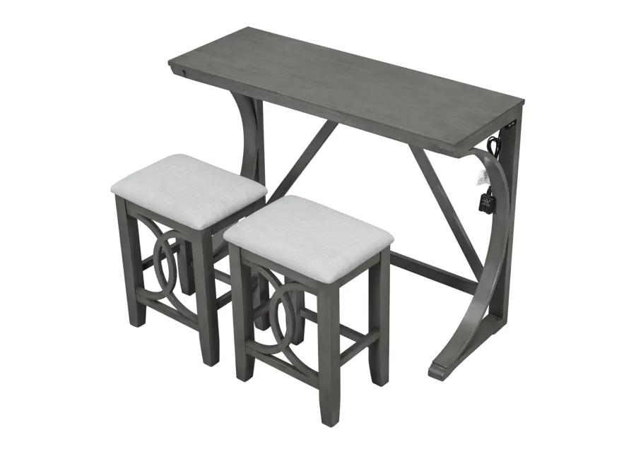 Farmhouse 3-Piece Counter Height Dining Table Set with USB Port and Upholstered Stools, Gray