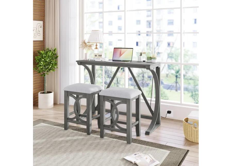 Farmhouse 3-Piece Counter Height Dining Table Set with USB Port and Upholstered Stools, Gray