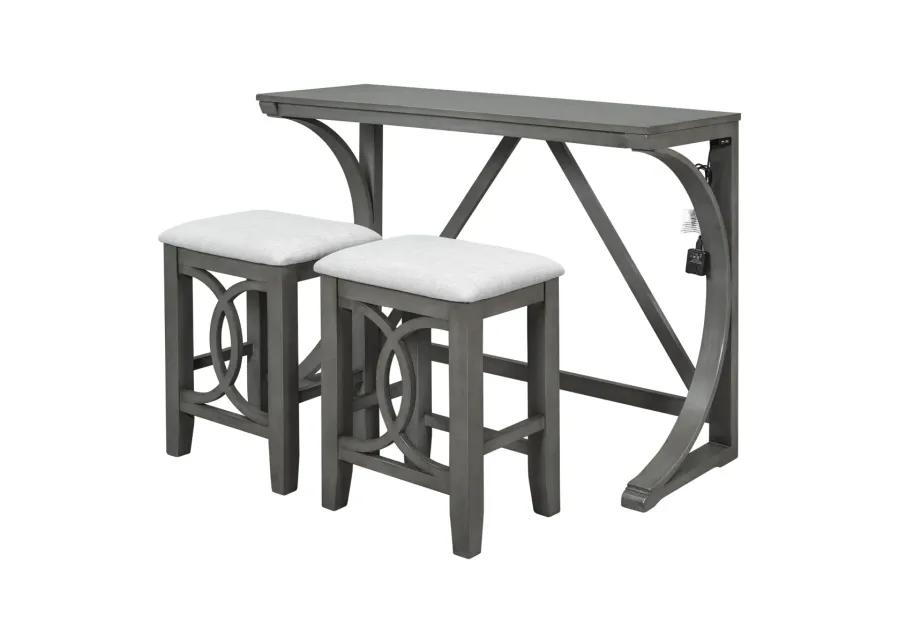 Farmhouse 3-Piece Counter Height Dining Table Set with USB Port and Upholstered Stools, Gray