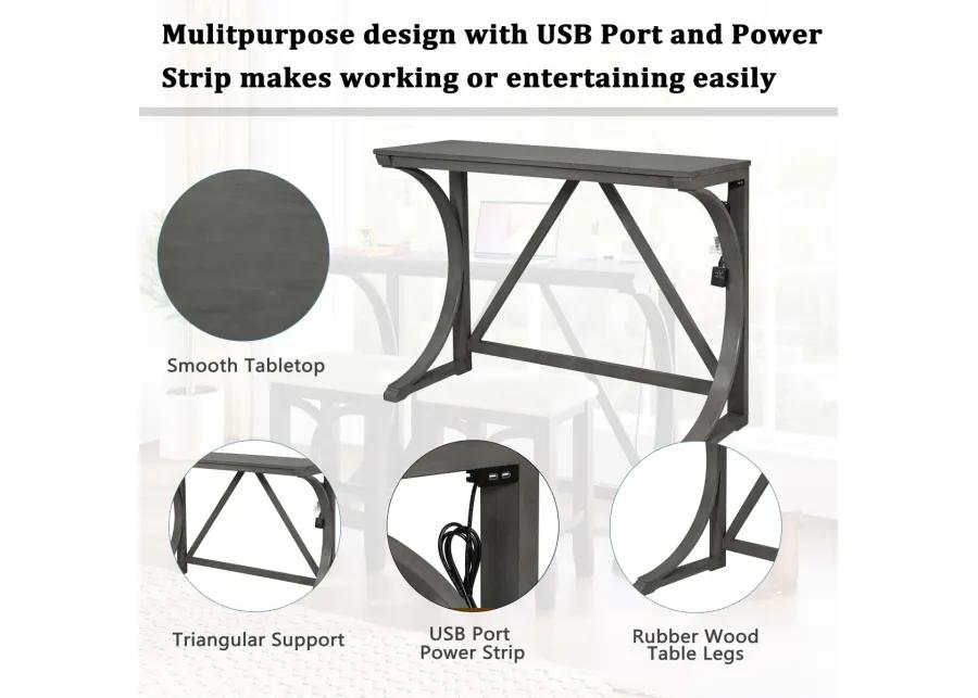 Farmhouse 3-Piece Counter Height Dining Table Set with USB Port and Upholstered Stools, Gray