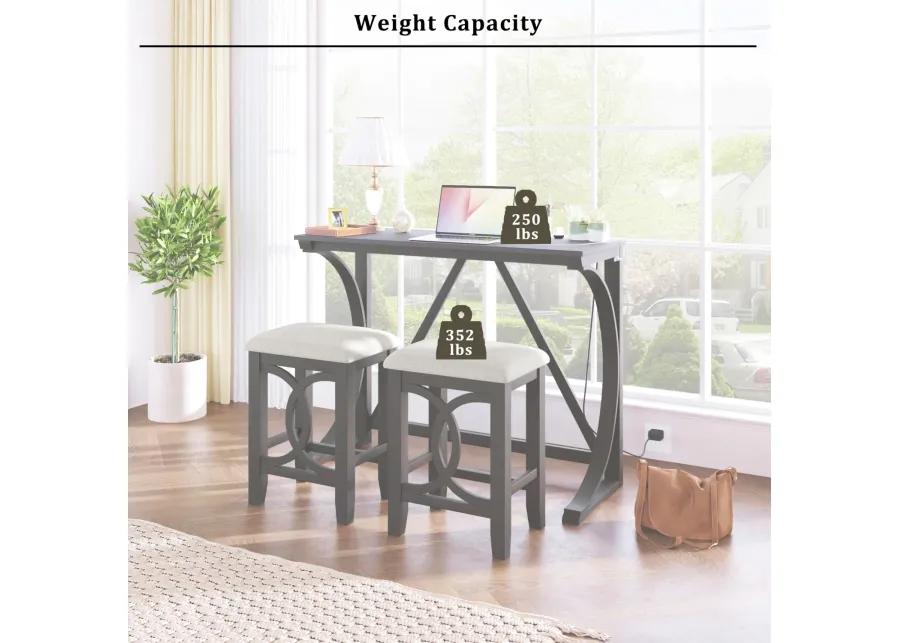 Farmhouse 3-Piece Counter Height Dining Table Set with USB Port and Upholstered Stools, Gray