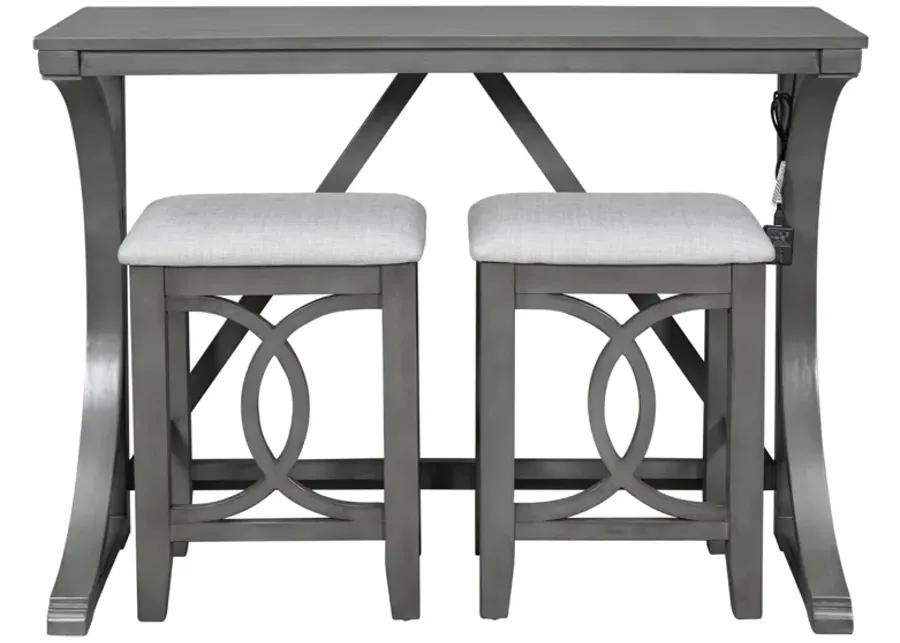 Farmhouse 3-Piece Counter Height Dining Table Set with USB Port and Upholstered Stools, Gray