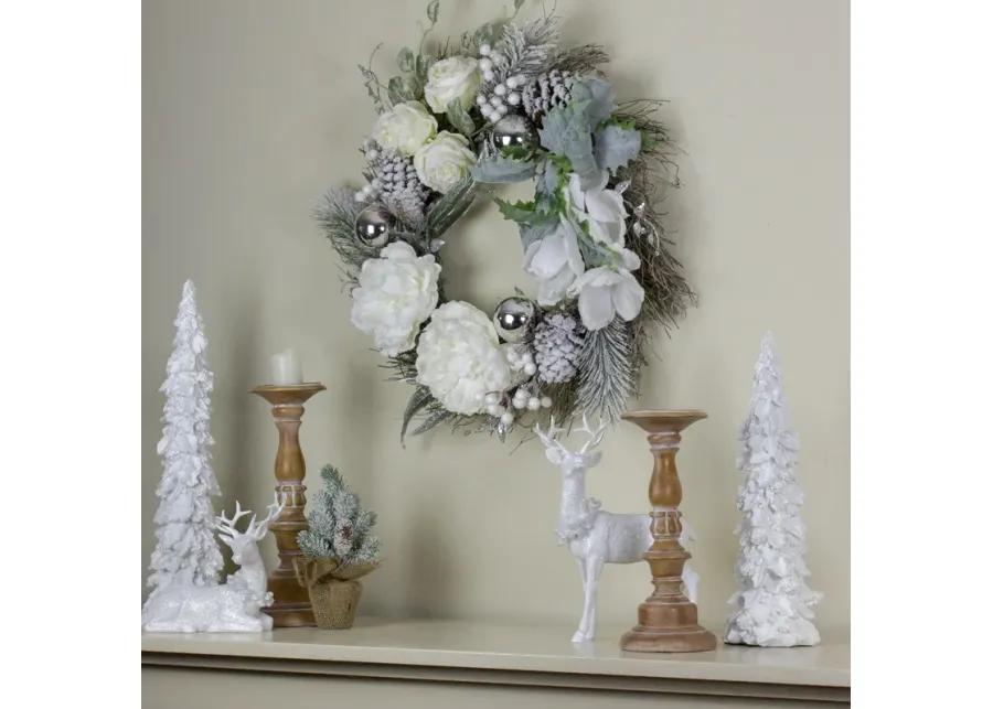 White and Silver Floral Flocked Pine Artificial Grapevine Christmas Wreath - 24-Inch  Unlit