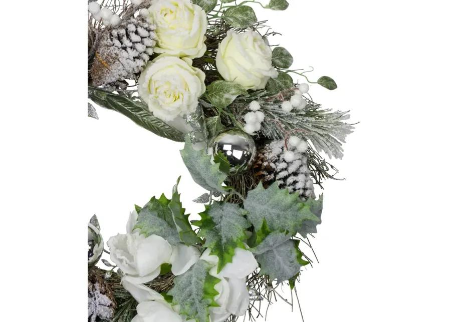 White and Silver Floral Flocked Pine Artificial Grapevine Christmas Wreath - 24-Inch  Unlit