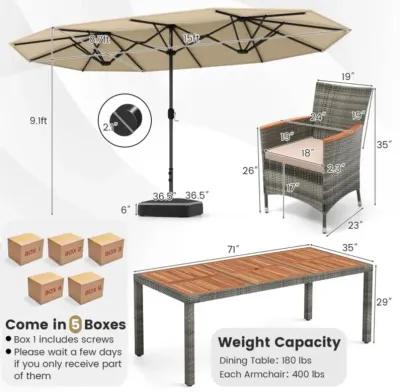 Hivvago 10 Pieces Patio Wicker Dining Set with 15 Feet Double-Sided Patio Umbrella