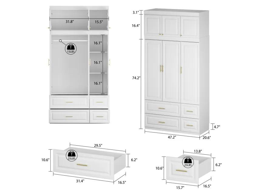 White 6-Door Big Wardrobe Armoires with Hanging Rod, 4-Drawers, Storage Shelves 93.7 in. H x 47.2 in. W x 20.6 in. D