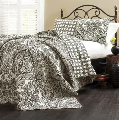 QuikFurn King size 3-Piece Cotton Quilt Set in Black White Paisley Damask