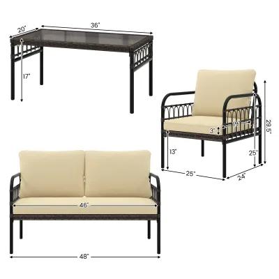 4 Pieces Outdoor Wicker Conversation Bistro Set with Soft Cushions and Tempered Glass Coffee Table-Brown