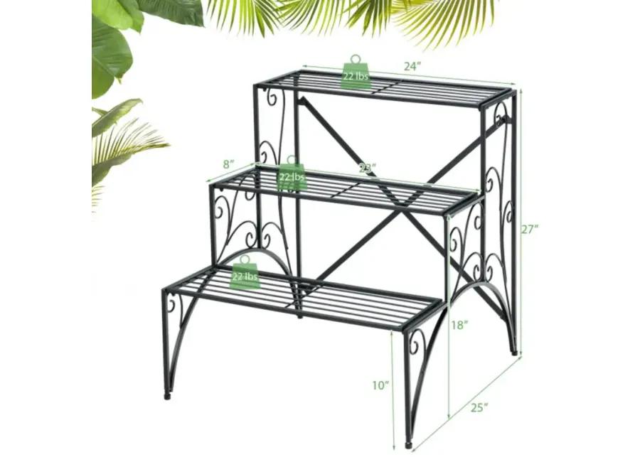 Hivvago 3-Tier Metal Plant Stand with Widened Grid Shelf for Porch Garden-Black